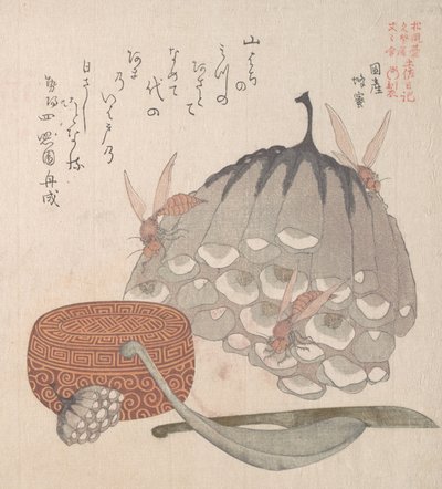 Bienenstöcke mit Wespen und eine Schachtel mit einem Löffel für Honig, 19. Jahrhundert von Kubo Shunman