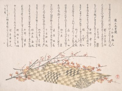 Pflaumenzweige mit Blumen und eine gerollte Matte von Kubo Shunman