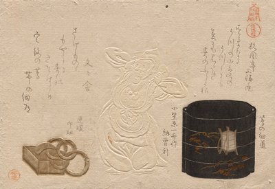 Drei Antiquitäten, aus der Serie Geschätzte Objekte: Leder; Inro?; Netsuke (Meibutsu: Kawa; do? inro?; do? netsuke) von Kubo Shunman
