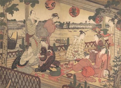 Zwei junge Männer und mehrere Frauen, die in einem Teehaus am Ufer des Sumida-Flusses speisen, ca. 1788 von Kubo Shunman