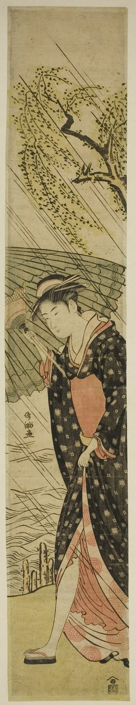 Junge Frau, die bei Regen am Flussufer spaziert von Kubo Shunman