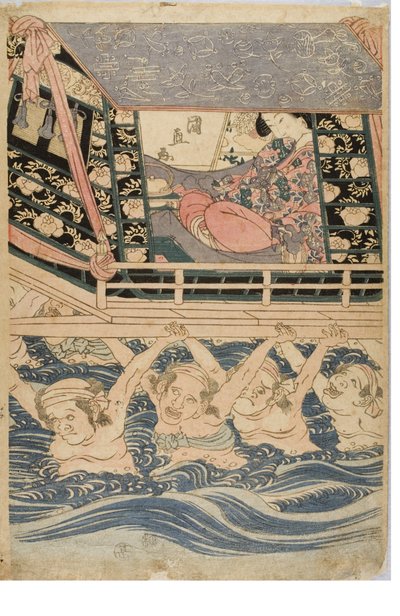 Frühlingsszene von jungen Frauen auf einer Reise von Kuninaga Utagawa