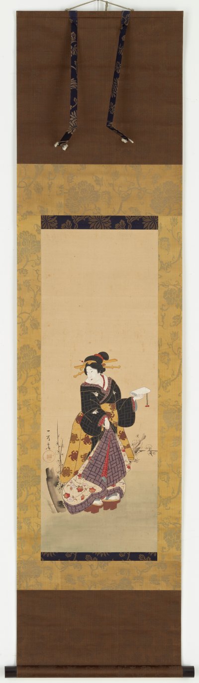 Eine Oiran steht neben einem Pflaumenbaum, Mitte des 19. Jahrhunderts von Kuniyuki Utagawa