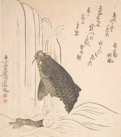 Karpfen versuchen, einen Wasserfall hinaufzuschwimmen, wahrscheinlich 1820 von Kurokawa Michita