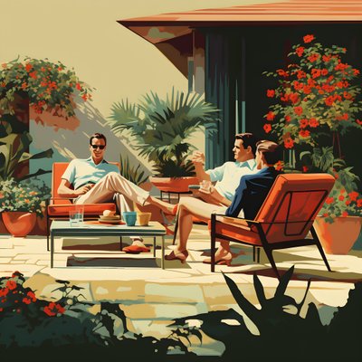 3 Freunde im Garten mit Getränken von Kurt Heppke
