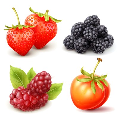 4 Früchte und Beeren isoliert auf weißem Hintergrund Set. 4 von Kurt Heppke