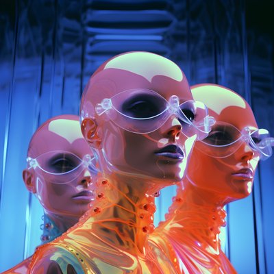 6 Frauen mit 3D parametrischen fluoreszierenden Plastikmasken in einer surrealen und parametrischen Zukunftsarchitektur von Kurt Heppke