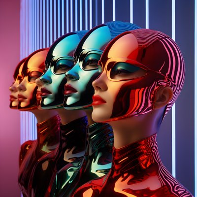 6 Frauen mit 3D parametrischen fluoreszierenden Plastikmasken in einer surrealen und parametrischen Zukunftsarchitektur von Kurt Heppke