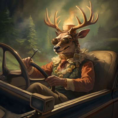 Ein Hirsch mit einer Zigarre im Mund fährt ein Cabriolet von Kurt Heppke