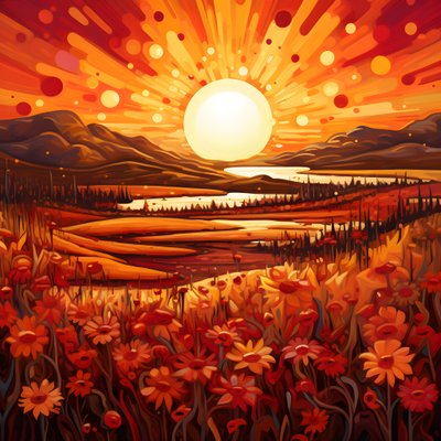 Abstrakte Landschaftskunst mit einem Feld von Wildblumen und einer kräftigen roten Sonne 2 von Kurt Heppke