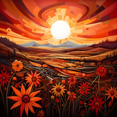 Abstrakte Landschaftskunst mit einem Feld von Wildblumen und einer kräftigen roten Sonne 4 von Kurt Heppke