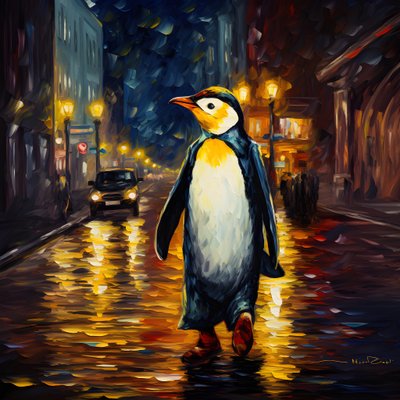 Ein Pinguin im Anzug läuft die Straße entlang von Kurt Heppke