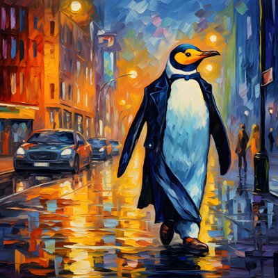 Ein Pinguin im Anzug läuft die Straße entlang von Kurt Heppke