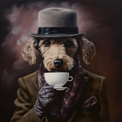 Ein kultivierter Pudel trinkt eine Tasse Tee, trägt einen Rollkragen und eine flache Mütze, rauchiger Hintergrund 3 von Kurt Heppke