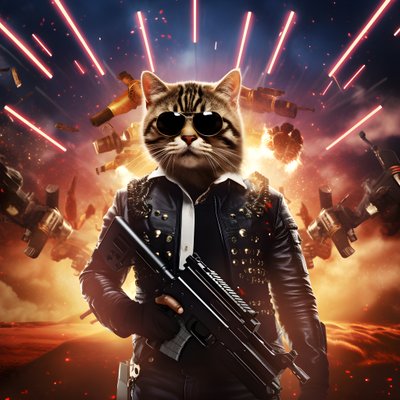 Filmplakat einer Katze, die ein schwarz-weiß gepunktetes Hemd und eine glänzende Sonnenbrille trägt, mit Explosionen und Kanonen im Hintergrund von Kurt Heppke