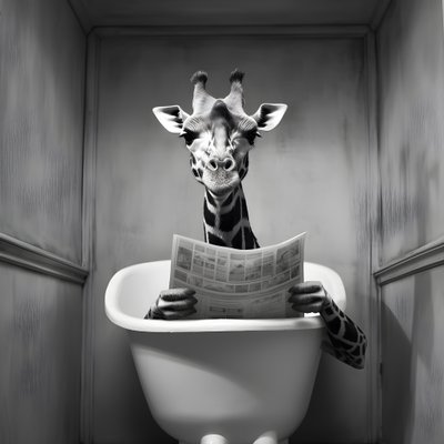 Glückliche Giraffe sitzt auf Toilette mit Zeitung 1 von Kurt Heppke