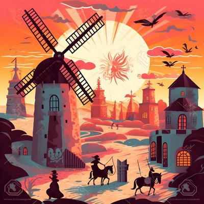 Hintergrund Don Quijote ganz rechts auf seinem Esel so klein wie ein Schatten, vor den Windmühlen, eine passende Kulisse 2 von Kurt Heppke