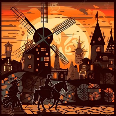 Hintergrund Don Quijote ganz rechts auf seinem Esel so klein wie ein Schatten, vor den Windmühlen, eine passende Kulisse 4 von Kurt Heppke