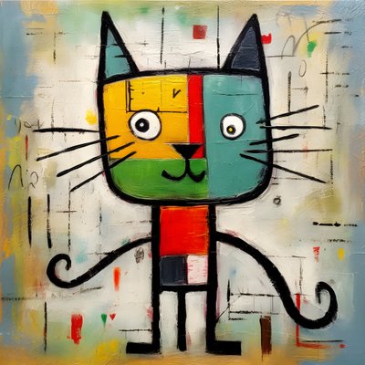 Niedliche Katze, im Stil von Picasso, Joan Miró und Basquiat 1 von Kurt Heppke
