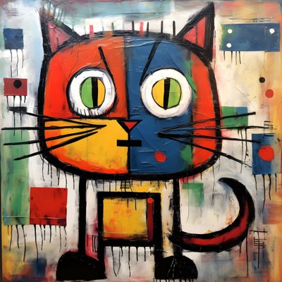 Niedliche Katze, im Stil von Picasso, Joan Miró und Basquiat 2 von Kurt Heppke