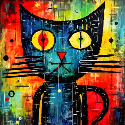 Niedliche Katze, im Stil von Picasso, Joan Miró und Basquiat 3 von Kurt Heppke