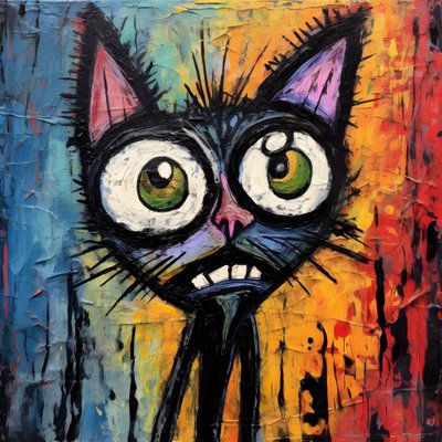 Neoexpressionismus einer Cartoon-Katze, die neugierig nach oben schaut von Kurt Heppke