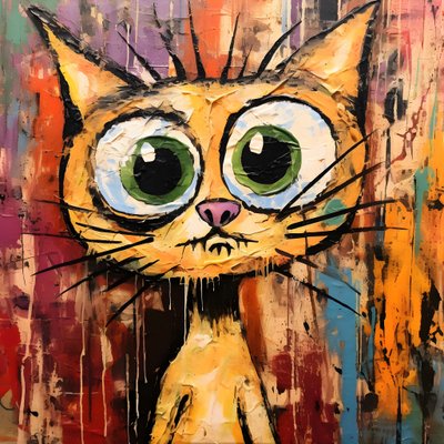 Neoexpressionismus einer Cartoon-Katze, die neugierig nach oben schaut von Kurt Heppke