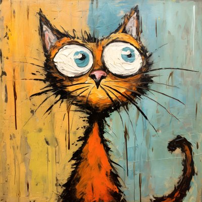 Neoexpressionismus einer Cartoon-Katze, die neugierig nach oben schaut von Kurt Heppke