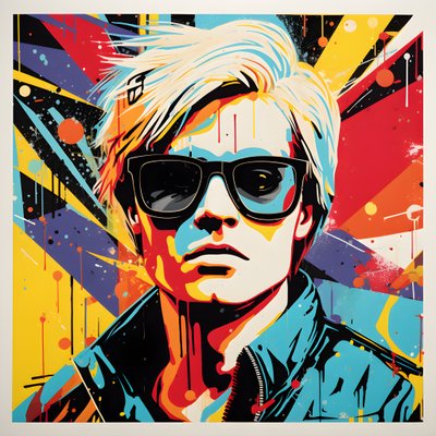 Pop-Art-Porträt, Halbfigur, farbenfroh, grafisch, Morgen, im Stil von Andy Warhol, Roy Lichtenstein, Robert Rauschenberg, Jasper Johns, Keith Haring von Kurt Heppke