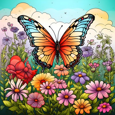 Schmetterling auf einer Wiese mit einem Spalier aus Blumen 1 von Kurt Heppke