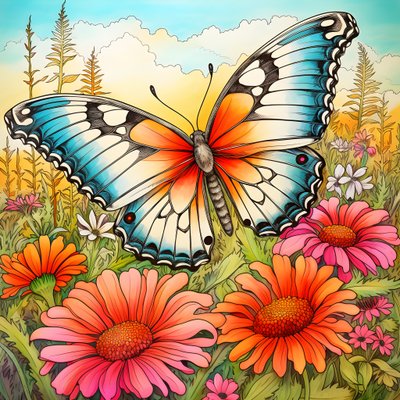 Schmetterling auf einer Wiese mit einem Spalier aus Blumen 2 von Kurt Heppke