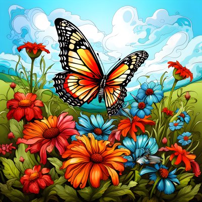 Schmetterling auf einer Wiese mit einem Spalier aus Blumen 4 von Kurt Heppke