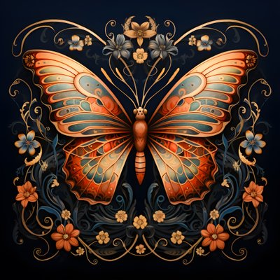 Schmetterling in der Mitte, symmetrisch, mit Blumen im Hintergrund 1 von Kurt Heppke