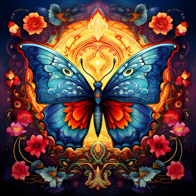 Schmetterling in der Mitte, symmetrisch, mit Blumen im Hintergrund 2 von Kurt Heppke