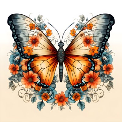 Schmetterling in der Mitte, symmetrisch, mit Blumen im Hintergrund 3 von Kurt Heppke
