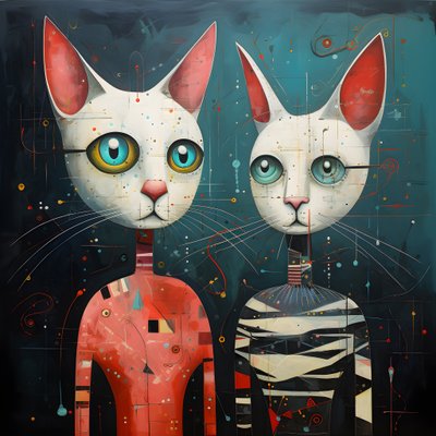 Zwei anthropomorphe Katzen, Kater und Katze, Kubrickian Synthetic von Kurt Heppke