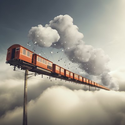 Ein schnell fahrender Social-Media-Zug, der durch die Wolken fliegt und an einem Faden hängt 1 von Kurt Heppke