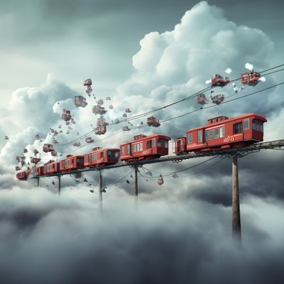Ein schnell fahrender Social-Media-Zug, der durch die Wolken fliegt und an einem Faden hängt 4 von Kurt Heppke