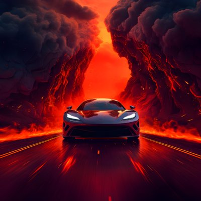 Ein Luxusauto fährt einen Weg entlang mit leuchtendem Rot im Hintergrund von Kurt Heppke