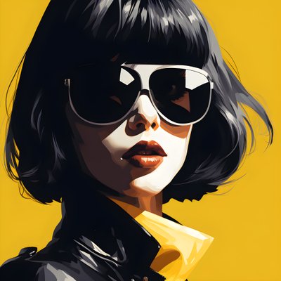 Eine Illustration eines Mädchens mit gelber Sonnenbrille, Haaren im Gesicht und Ohren, im Stil der Film-Noir-Ästhetik 3 von Kurt Heppke