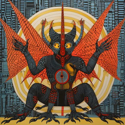 Der Teufel Lucifer lehnt sich in einem teuflischen Palast zurück von Kurt Heppke