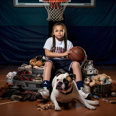 Ein 10-jähriges Mädchen sitzt wartend mit ihrem Hund am Boden und hält einen Ordner mit einem Bild von Kurt Heppke