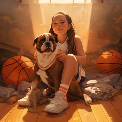 Ein 10-jähriges Mädchen sitzt wartend mit ihrem Hund am Boden und hält einen Ordner mit einem Bild von Kurt Heppke
