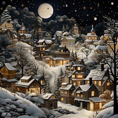 Ein Dorf bei Nacht unter verschneiten Bäumen von Kurt Heppke