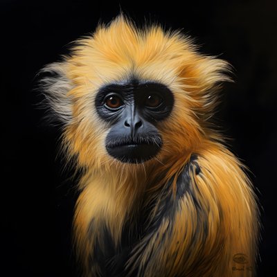 Ein Gemälde des Gesichts eines Goldlangurs mit schwarzem Hintergrund 3 von Kurt Heppke