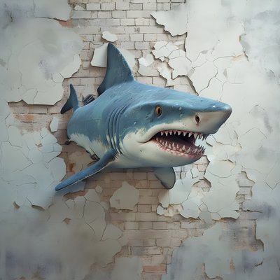 Ein blauer Haifisch mit gemaltem Gesicht auf einer alten Mauer von Kurt Heppke