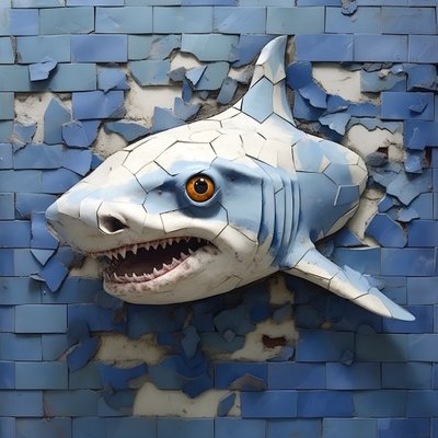 Ein blauer Haifisch mit gemaltem Gesicht auf einer alten Mauer 2 von Kurt Heppke