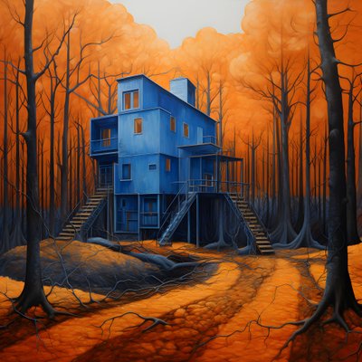 Ein blaues Haus in einem orangefarbenen Wald von Kurt Heppke
