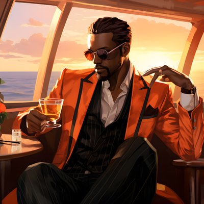 Ein reicher Mann, gut gekleidet, sitzt auf einem privaten Kreuzfahrtschiff und trinkt einen Cocktail 2 von Kurt Heppke