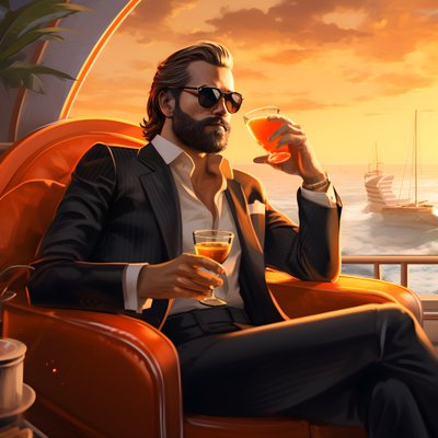 Ein reicher Mann, gut gekleidet, sitzt auf einem privaten Kreuzfahrtschiff und trinkt einen Cocktail 4 von Kurt Heppke